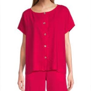 Bryn Walker Beesies Seersucker Cap Sleeve Button Front Boxy Shirt